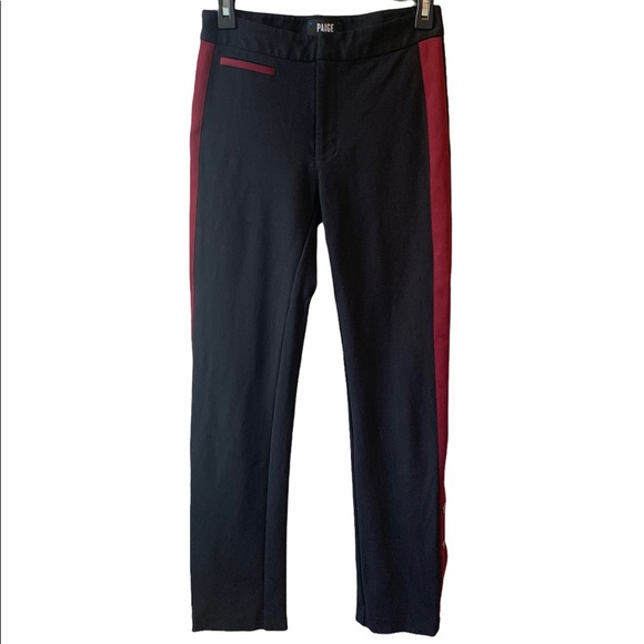 PAIGE Asha Black Maroon Side Tuxedo Stripe Ankle Buttons Pants Size 27 - Picture 4 of 9